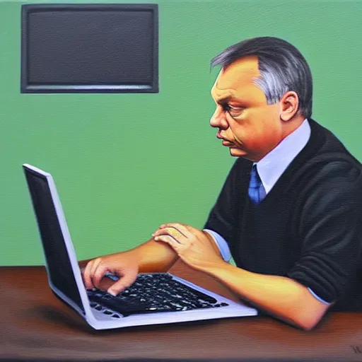 Image similar to viktor orban javascript programming with a laptop in a cubicle, oil painting