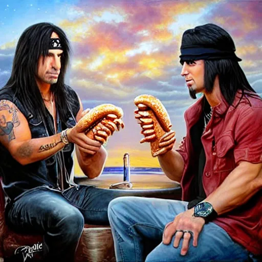 Prompt: portrait of brett michaels and criss angel sharing hotdogs, an oil painting by ross tran and thomas kincade