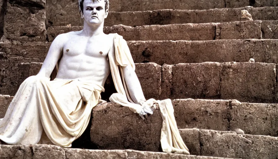 Image similar to 1 9 6 0 s movie still close - up of caligula in a white toga dead on the ancient amphitheater's stairs on a blood flaque, cinestill 8 0 0 t 3 5 mm, high quality, heavy grain, high detail, dramatic light, anamorphic, blood