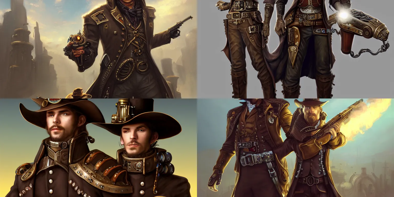 Prompt: full-length portrait of a noble gunslinger male in hat in the center, holding arms on holsters , steampunk spaceship on background, by tyler edlin and lindsey look, victorian, concept art, steam romance, steam-punk, adventure, detailed, 4k resolution, trending on artstation