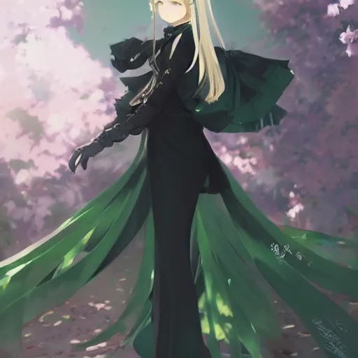 Image similar to victorique de blois anime girl gosick green eyes black dress blonde hair by greg rutkowski makoto shinkai aramaki shinji artgerm, cushart krenz key art feminine