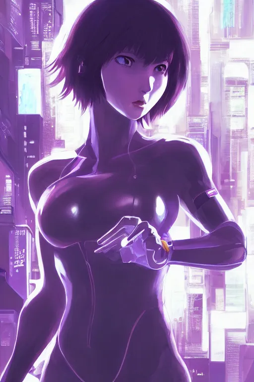 Image similar to a still fullbody portrait of motoko kusanagi ghost in the shell, finely detailed features, closeup at the faces, perfect art, at a cyberpunk city, gapmoe yandere grimdark, trending on pixiv fanbox, by ilya kuvshinov, rossdraws, artgerm