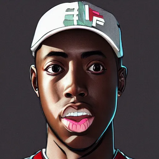 Prompt: hyper realistic tyler the creator, anime style, fashion clothing, shoulder eyes, last exile anime, symmetrical facial features, from arknights, hyper realistic, 4 k, rule of thirds, extreme detail, detailed drawing, trending artstation, realistic lighting, by alphonse mucha, greg rutkowski, short neck