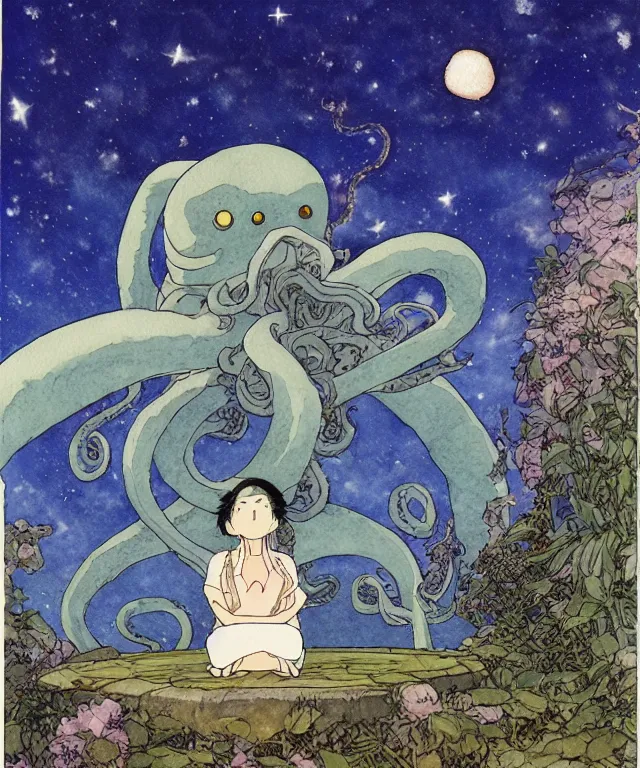 Image similar to a hyperrealist studio ghibli watercolor fantasy concept art. in the foreground is a giant grey octopus sitting in lotus position on top of stonehenge with shooting stars all over the sky in the background. by rebecca guay, michael kaluta, charles vess