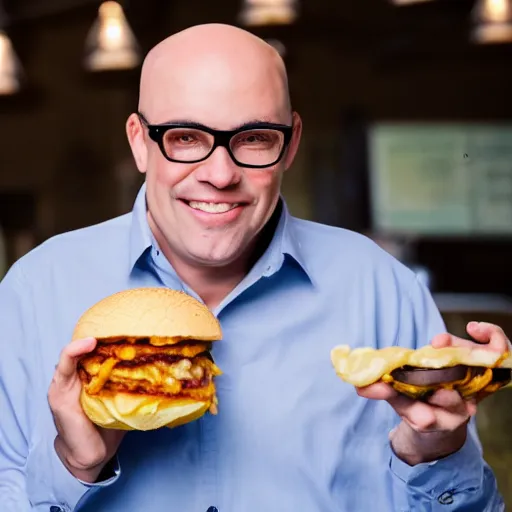 Prompt: a bald very old man, no beard, square rimmed glasses, button up shirt, holding a cheeseburger with sour cream, extra cheese, and a side of french fries with extra salt.