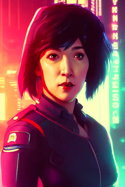 Image similar to 3 / 4 portrait, major mira killian from ghost in a shell, night, crop top, beautiful, in a modern city, neon signs, jewelry, artstation, william bouguereau, rossdraws, greg rutkowski, super detailed, realistic, octane render, volumetric, cinematic, 8 k