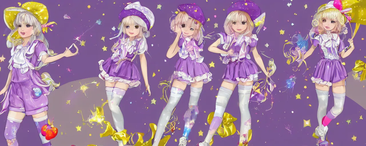 Image similar to A character sheet of full body cute magical girls with short blond hair wearing an oversized purple Beret, Purple overall shorts, Short Puffy pants made of silk, pointy jester shoes, a big billowy scarf, and white leggings. Rainbow accessories all over. Flowing fabric. Golden Ribbon. Covered in stars. Artist Clothes. Painter Clothes. Short Hair. Art by william-adolphe bouguereau and Paul Delaroche and Alexandre Cabanel and Lawrence Alma-Tadema and WLOP and Artgerm. Fashion Photography. Decora Fashion. harajuku street fashion. Kawaii Design. Intricate, elegant, Highly Detailed. Smooth, Sharp Focus, Illustration Photo real. realistic. Hyper Realistic. Sunlit. Moonlight. Dreamlike. Surrounded by clouds. 4K. UHD. Denoise.