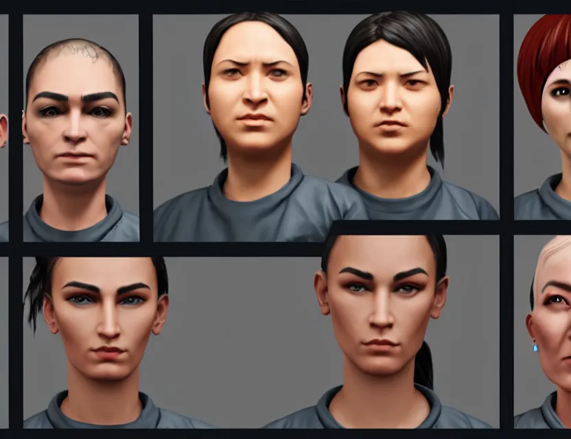 Prompt: six woman with masculine faces in jail behind bars, unreal engine