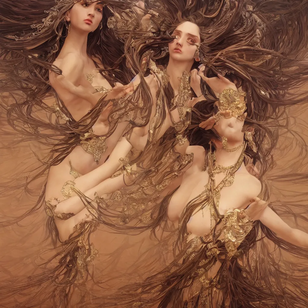 Prompt: goddess dancing in the desert, unreal engine, professional models, symmetrical face, fantasy, surreal, intricate, sharp focus, beautiful, elegant, highly detailed, digital painting, trending on artstation, concept art, smooth and sharp focus, illustration, art by tan zi and ayanamikodon and alphonse mucha and wlop