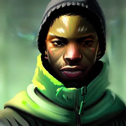 Prompt: portrait of a black man programmer with green hood by greg rutkowski, digital