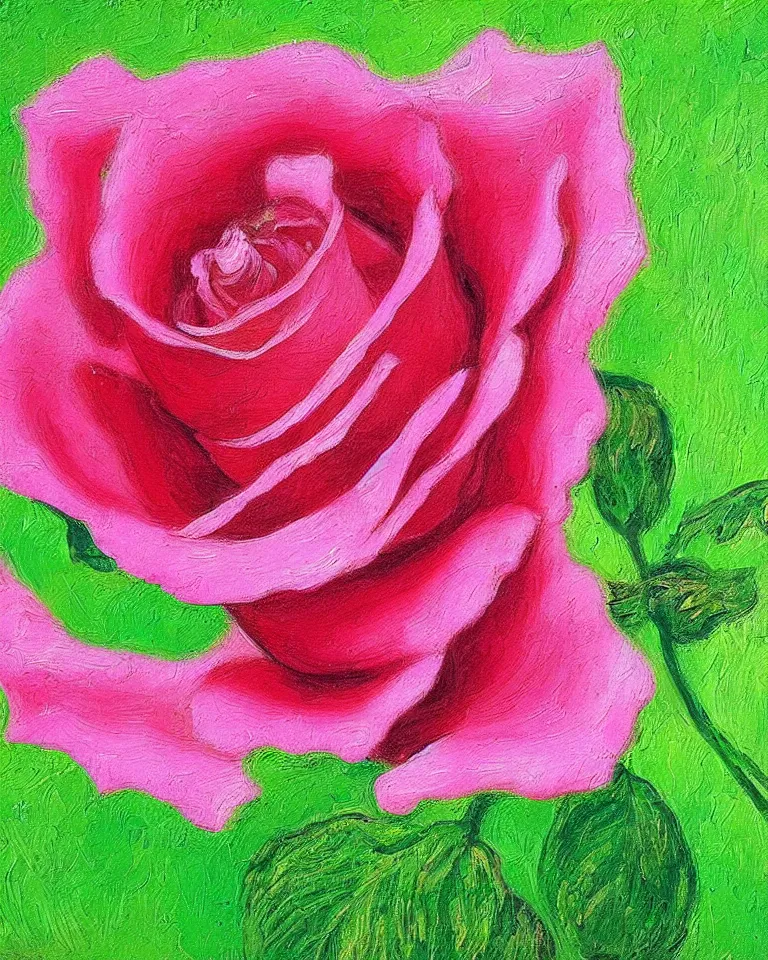 Image similar to achingly beautiful extreme close up painting of blooming pink rose on green background by rene magritte, monet, and turner. piranesi. macro lens.