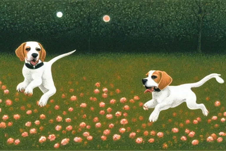 Image similar to white and brown beagle dog playing in a flowery field by Quint Buchholz