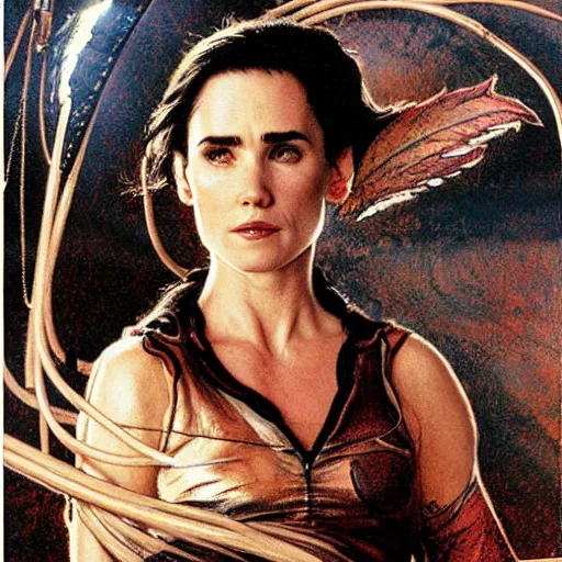 Image similar to jennifer connelly as dark swan queen, black feathers instead of hair, feathers growing out of skin, moulting, suspended in zero gravity, on spaceship with cables hanging down, highly detailed, mike mignogna, ron cobb, mucha, oil painting