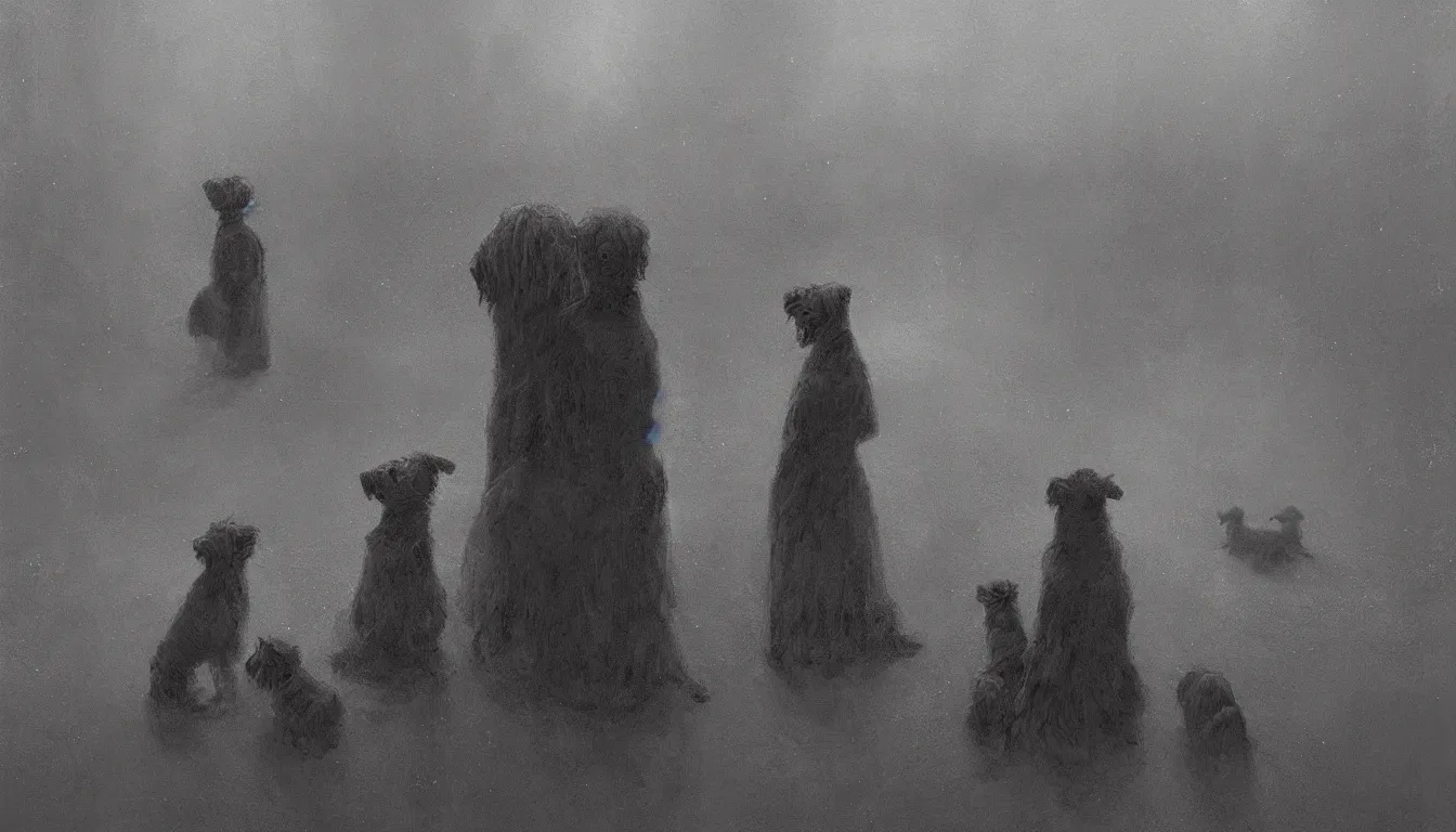 Prompt: view from behind an old lady and her two terrier dogs, sat in a large crowded stadium at night, watching a pop concert, digital art, concept art, trending on artstation, cinematic lighting, giger, beksinski, barlowe