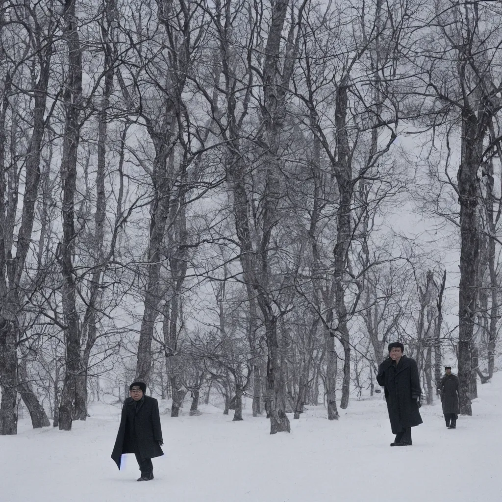 Prompt: filmstill of Kim Jong-il wearing a furry chapka and playing the role of Omar Sharif in Doctor Zhivago by David Lean, man in grey winter coat, cold Russian winter, snow and trees, Prussian architecture, minimal composition, 1965, cinemascope, Eastman Color Negative 50T 5251 Neg. Film, epic romance