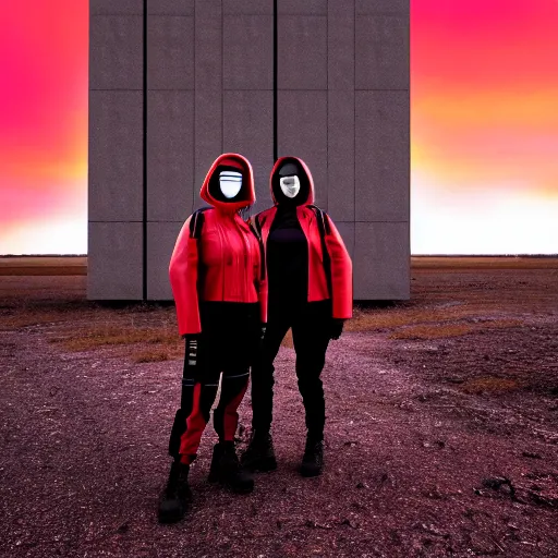 Prompt: photographic portrait of 2 techwear women in front of a brutalist metal building, on a desolate plain, red sky, sigma 8 5 mm f / 1. 4, 4 k, depth of field, high resolution, octane render 4 k, 8 k, hd, full color, trending on artstation