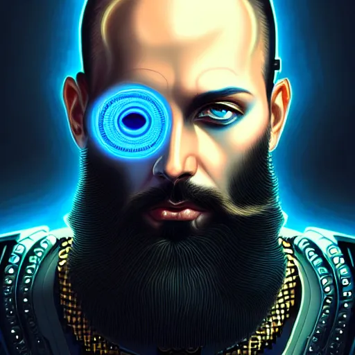 Image similar to bearded man with extremely large and intricate eye cyberpunk bionics with angry blue eyes and slim features looking askance, eye cyberpunk bionics, retro futurist style, intricate, elegant gleaming intricate baroque jewelry, angelic halo, highly detailed, digital painting, artstation, concept art, smooth, sharp focus, illustration, art by wlop, mars ravelo and greg rutkowski,