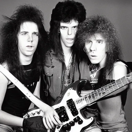 Image similar to Group of 19-year-old women holding electric guitars, long shaggy hair, permed hair, New Wave of British Heavy Metal, heavy metal, band promo photo, Great Britain, 1981 photograph, 16mm photography