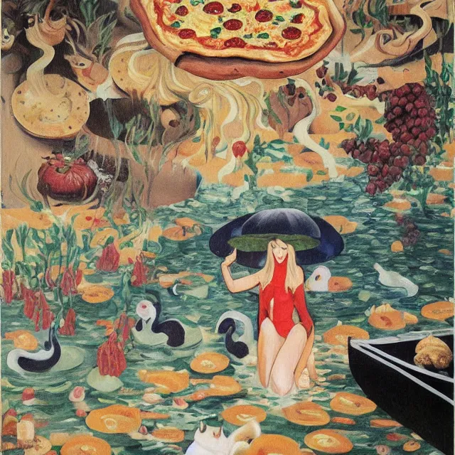 Image similar to tall female catgirl artist holding pizza in her flooded apartment, pomegranates, octopus, water gushing from ceiling, painting of flood waters inside an artist's apartment, a river flooding indoors, mushrooms, ikebana, zen, rapids, waterfall, black swans, canoe, berries, acrylic on canvas, surrealist, by magritte and monet