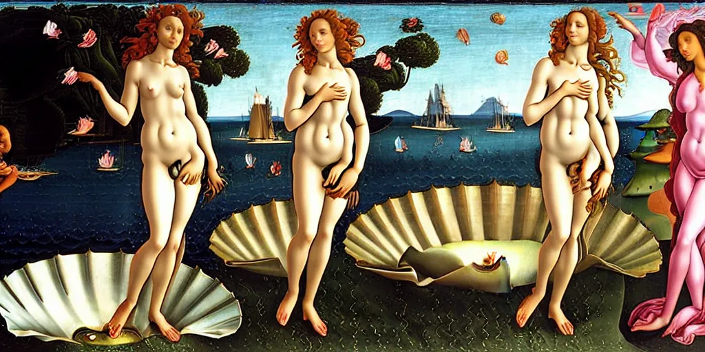 Image similar to Whitney Houston as Botticelli\'s The birth of Venus as a pretty African Black woman with short black hair and black skin rising from the sea on a shell, accurate face