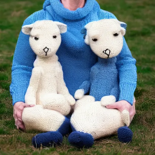 Image similar to a lamb with a blue knitted sweater hugging his mom, in the style of Leo Lionni