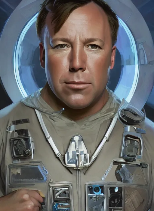 Prompt: Alex Jones in luxuruous space suit, sigma male, nazi logo, accurately portrayed, portrait art by alphonse mucha and greg rutkowski, highly detailed, digital painting, concept art, illustration, dim lighting with twilight rays of sunlight, trending on artstation, very detailed, smooth, sharp focus, octane render, close up