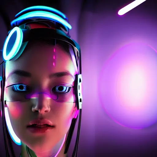 Prompt: beautiful japanese cyborg with digital led skin, neon lighting, techno neon projector background, portrait photo, unreal engine 5, depth of field, bokeh