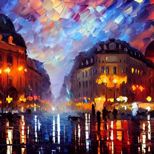 Image similar to vienna at night by craig mallism, leonid afremov, artgerm, jeremy lipkin and michael garmash, unreal engine,