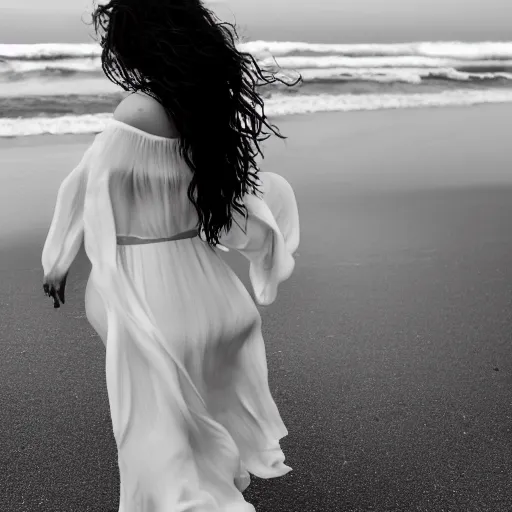 Image similar to A visibly melancholic sad and astonishingly beautiful woman walking over the ocean surface. tumultuous sea. cloudy. long wavy hair. long wavy white dress. black and white. 24mm lens. shutter speed 1/30. iso 350. f/5.6 W-1024