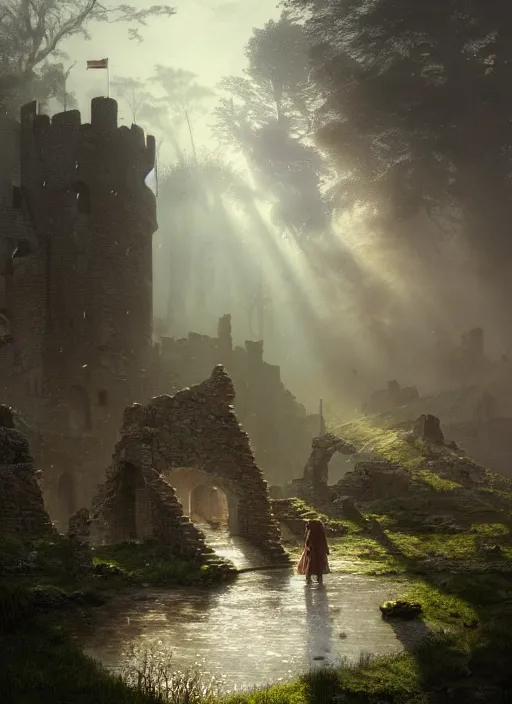 Image similar to the cursed ruins of a medieval castle, mist, sunrays, raining, fog, dust in the air, dnd character, unreal engine, octane render, dramatic lighting, pond, digital art, by stanley artgerm lau, greg rutkowski, thomas kindkade, alphonse mucha, loish, norman rockwell,