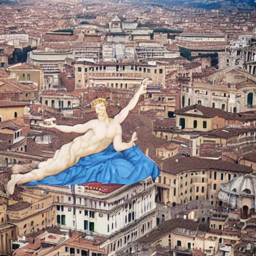 Image similar to An Angel from a Michelangelo painting flies over the cityscape of Rome. He looks tired. Filmed in the style of Wim Wenders. Cinematic, 50mm, highly intricate in technicolor