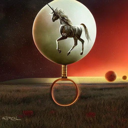 Image similar to Magical glowing sphere in midair, with a unicorn inside it. A white celestial unicorn is trapped inside the sphere. A burnt landscape is in the background. The sphere is held up by sinister rusting steel pincers that reach from the ground, and has a unicorn inside it. Digital art, by Gerald Brom