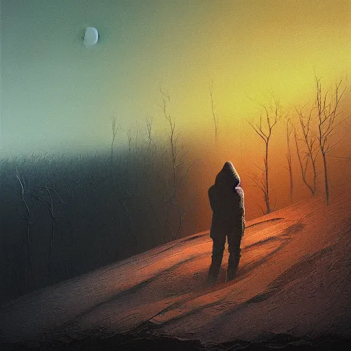 Image similar to a painting of a person standing in the snow, a surrealist painting by zdzisław beksinski and by alena aenami, deviantart, nuclear art, dystopian art, apocalypse landscape, surrealist