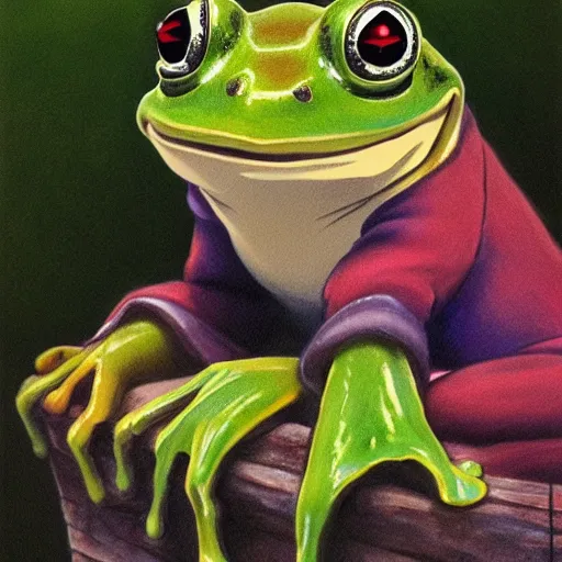 Prompt: A professional portrait of a frog wizard, painted by Studio Ghibli, 4k, traditional art, trending on deviantart, highly detailed, full body shot, wide depth of field, professional lighting, airbrush