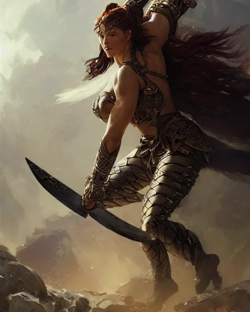 Image similar to a fierce and muscular warrior princess in full armor, fantasy character portrait by greg rutkowski, gaston bussiere, craig mullins, simon bisley