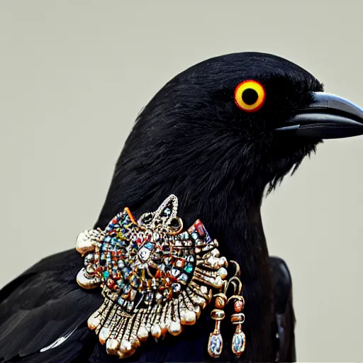 Prompt: crow made of elaborate jewellery, intricate, beautiful, national geographic