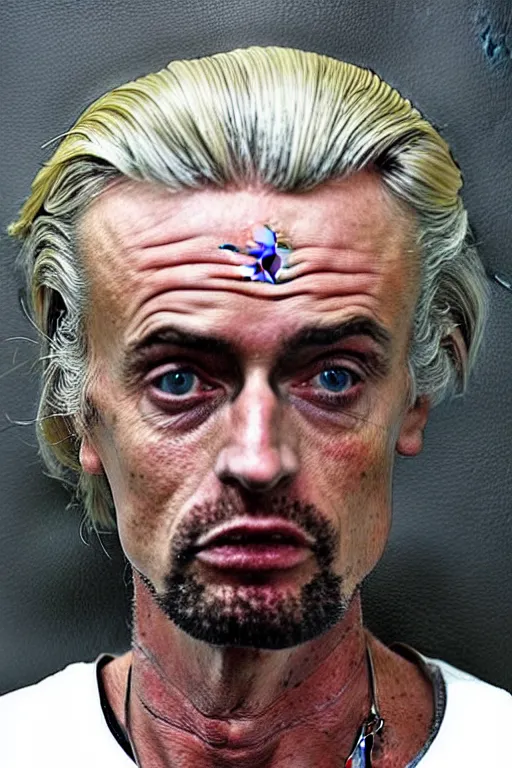 Prompt: skinny geert wilders tattood meth head mug shot