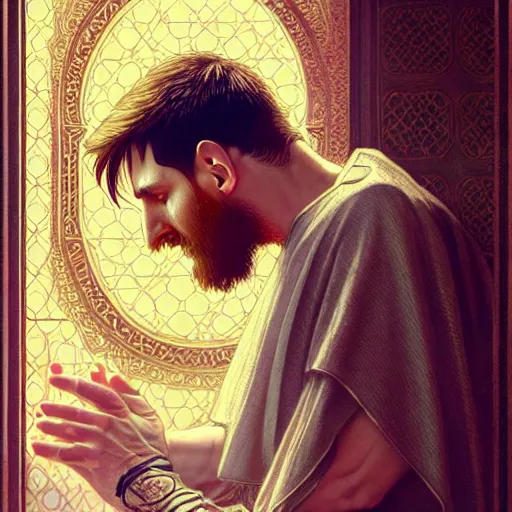 Prompt: lionel messi praying like a muslim, d & d, fantasy, intricate, elegant, highly detailed, digital painting, artstation, concept art, matte, sharp focus, illustration, art by artgerm and greg rutkowski and alphonse mucha