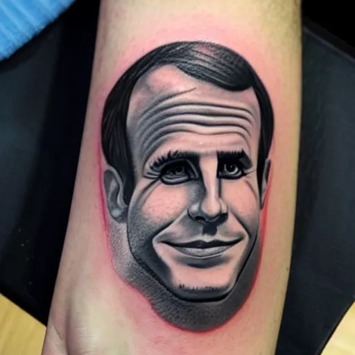 Image similar to tattoo of macron, caricature, silly