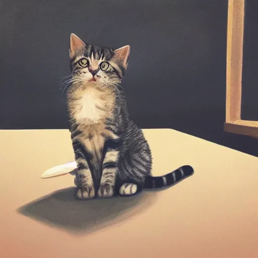 Image similar to A portrait of an attractive little kitty sitting on a table, beautiful bone structure,symmetrical facial features,elegant,highly detailed,illustration