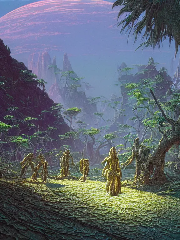 Prompt: a view concept art of iridescent shimmering Alien plants in Wasteland, Tim Hildebrandt,Les Edwards,Larry Elmore,angus mckie,James Paick,Ted Nasmith,trending on artstation,full of colors,mythological,ultra realistic,high detail,golden ratio,cinematic lighting,maximalist