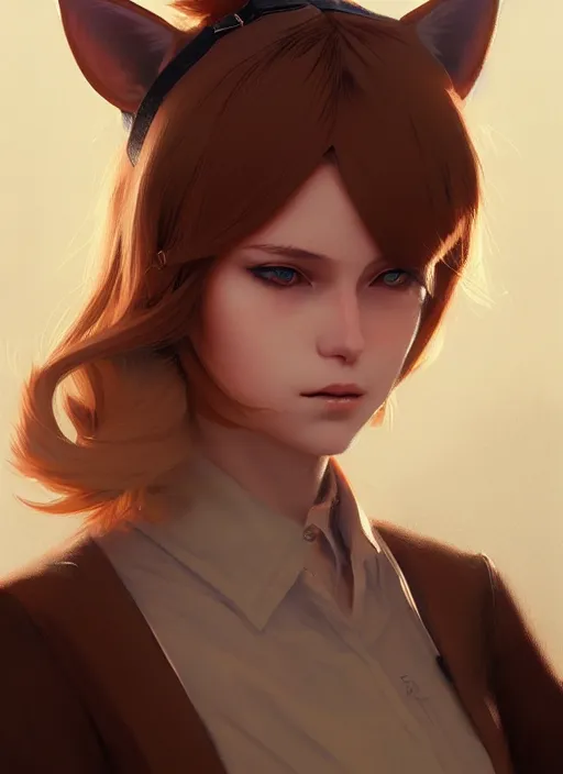 Image similar to ultradetailed beautiful panting of a stylish young lady wearing a brown foxgirl suit with cat ears, dramatic, she has blond hair, distressed, volumetric light, by greg rutkowski, ilya kuvshinov, james jean, makoto shinkai, on artstation