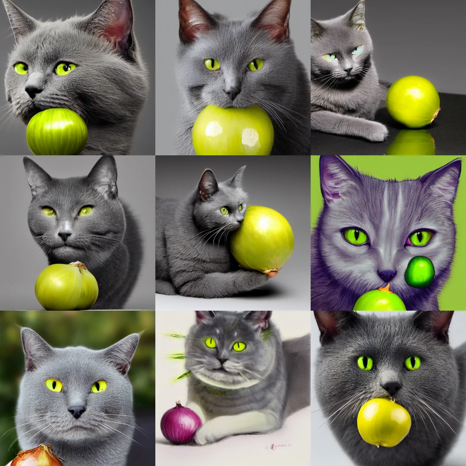 Prompt: chartreux cat with an onion, beautiful, trending on artstation, 8 k