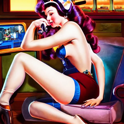 Image similar to a photograph of a pin up girl playing videogames, by Alberto Vargas, highly detailed and intricate, cinematic lighting 4k