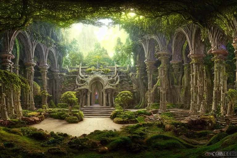 Prompt: a beautiful and highly detailed matte painting of a elven temple in lothlorien, psychedelic, celtic, intricate details, epic scale, insanely complex, 8 k, sharp focus, photorealism, artstation, cgsociety, by caspar friedrich, albert bierstadt, james gurney, brian froud,