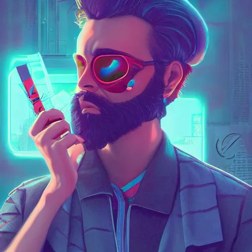 Image similar to Lofi vaporwave cyberpunk bearded man, Pixar style, Tristan Eaton, Stanley Artgerm, Tom Bagshaw