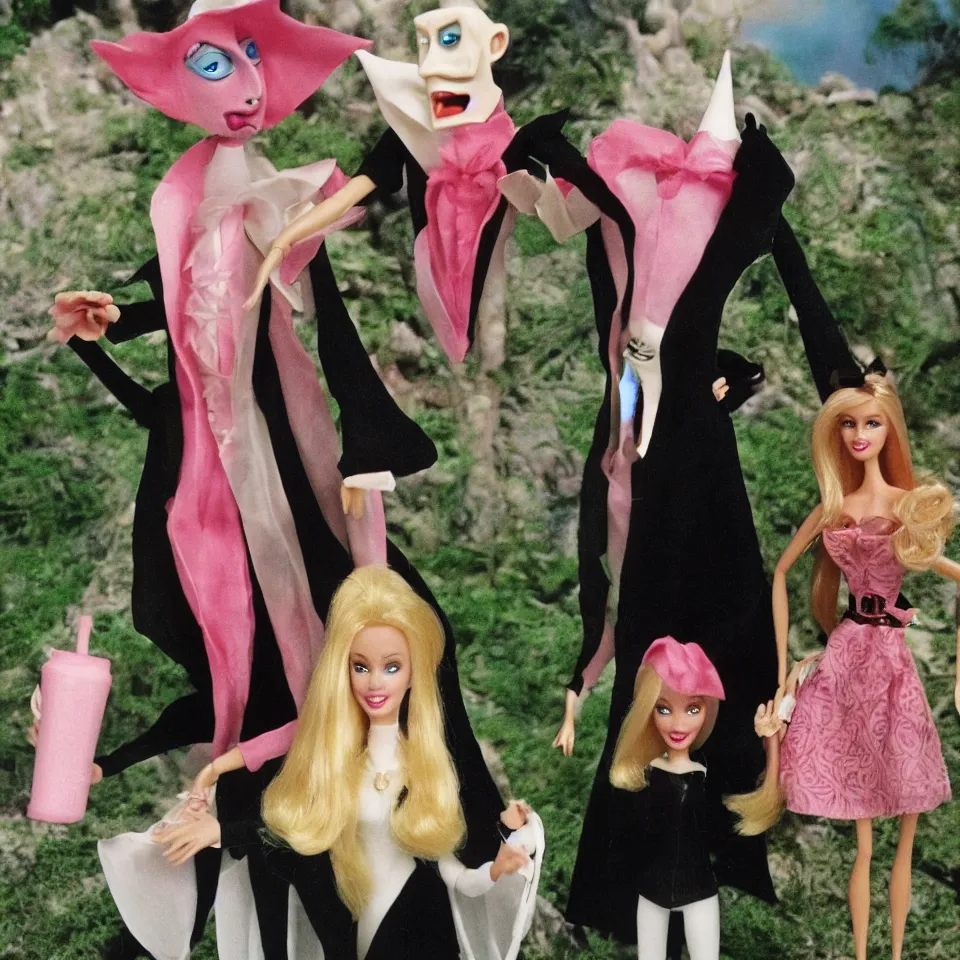 Image similar to Nosferatu and Barbie on vacation