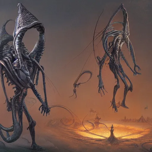 Image similar to aliens from the second edition of barlowe's guide to extraterrestrials, highly detailed, photorealistic, artstation, highly detailed, oil painting, dramatic lighting, award - winning, accurate anatomy