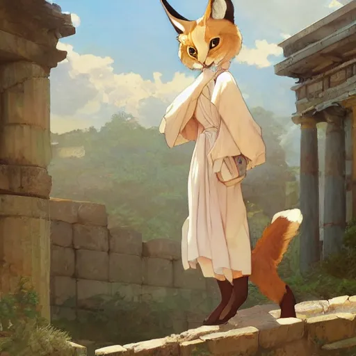 Prompt: a digital art of cute fluffy anthropomorphic caracal wearing toga, ancient greek city, sunny day, by greg rutkowski and makoto shinkai, krenz cushart and mucha and akihito yoshida and, long shot, back lighting, detailed, 4 k resolution, trending on art station