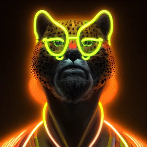 Image similar to a beautiful commission of a male anthropomorphic cheetah wearing a neon jacket,futuristic,detailed face,mohawk,cyberpunk style,deviantart,artstation,art by greg rutkowski,ross tran,professional lighting,neon city,night,raytracing,rtx,highly realistic,4k,dramatic,hyperrealism